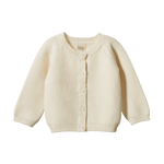 Cream organic cotton Pepi Cardigan with garter stitch knit and corozo nut buttons.