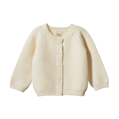 Cream organic cotton Pepi Cardigan with garter stitch knit and corozo nut buttons.